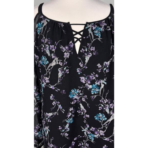 WHBM White House Black Market Large Black Floral Cold Shoulder Blouse - Picture 2 of 8